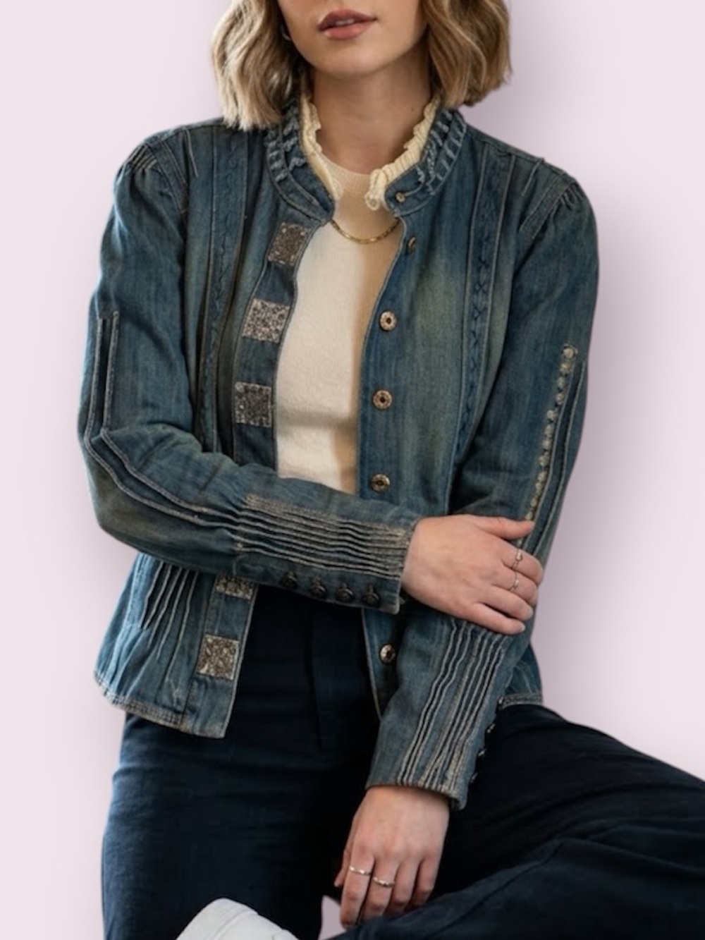 Vintage Pamela McCoy Denim Blazer Jacket Lace Removal Collar Blue Size Large